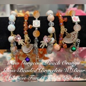 Springtime Peach-Orange Glass Beaded Bracelet Set W/Fan & Floral Bear Charms 6pc